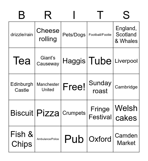 British BINGO Card