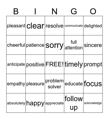 Customer Service Terms  Bingo Card