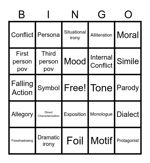 Literary Terms Bingo Card