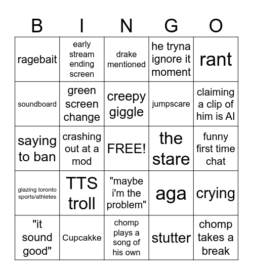 ChompTV Stream Bingo Card