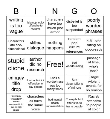 El's Bad Book Bingo Card