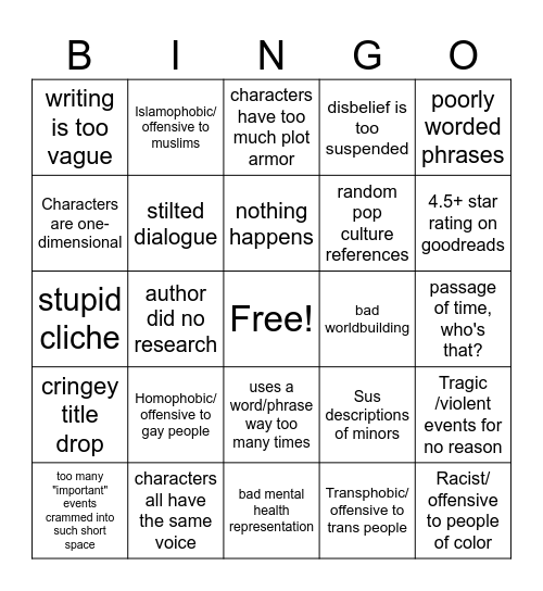 El's Bad Book Bingo Card