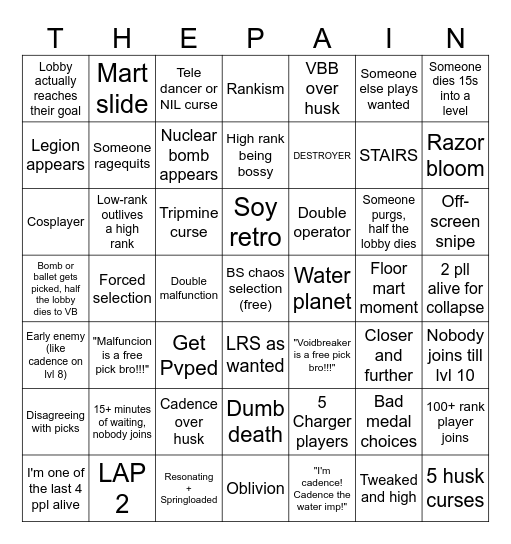 Nullscape bingo Card