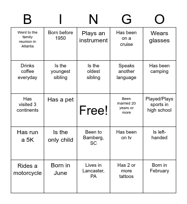 Ransom-Sease Family Reunion 2026 Bingo Card