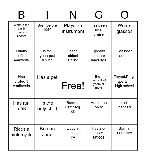 Ransom-Sease Family Reunion 2026 Bingo Card