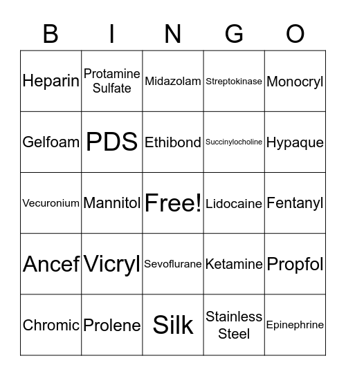 Suture/Meds Bingo Card