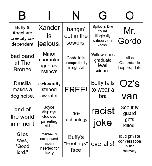 Buffy Season 2 Bingo Card