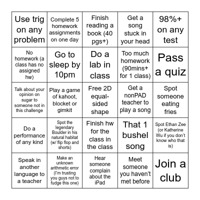 School Bingo Card