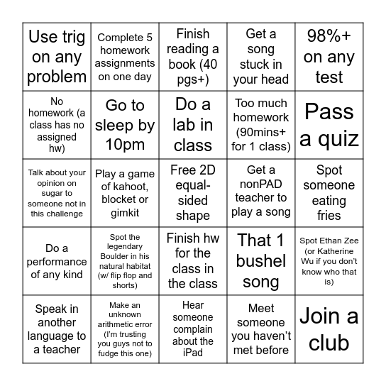School Bingo Card