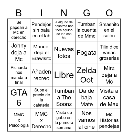 Quinto Semestre Bingo Card