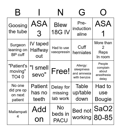 Anesthesia Bingo Card