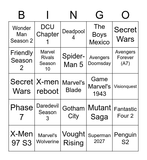 SDCC Predict Bingo Card