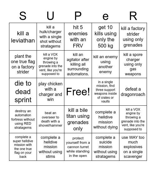 Helldivers bingo Card