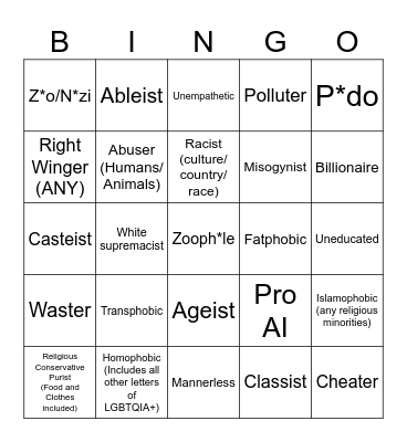 Worst Person in the World Bingo Card