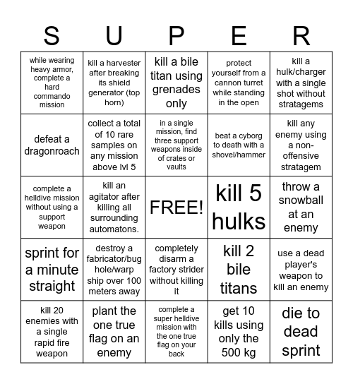 Helldivers 2 Bingo Card