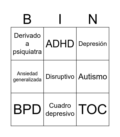 MI CITA AL PSICOLOGO Bingo Card