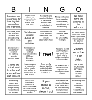 JAH House Rules Bingo Card