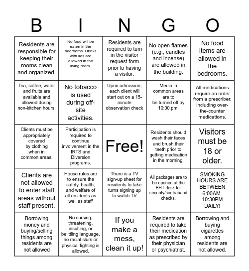 JAH House Rules Bingo Card