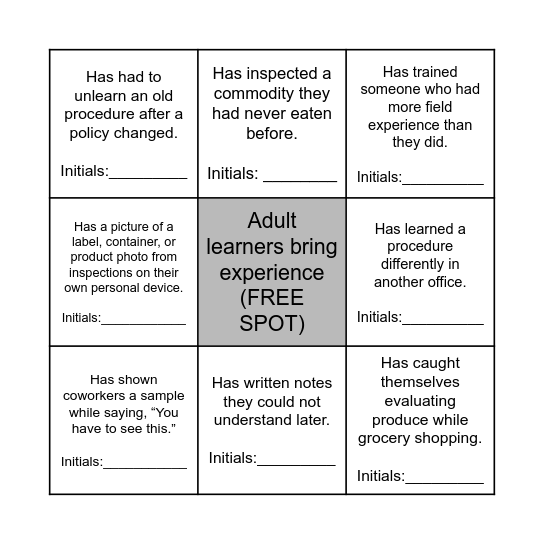 Adult Learning Experience BINGO Card