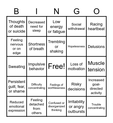 Mental Illness Symptoms Bingo Card