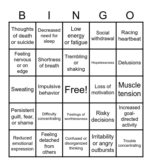 Mental Illness Symptoms Bingo Card