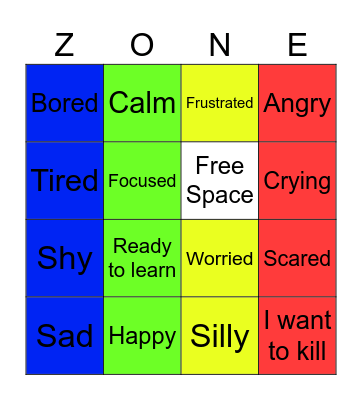 Zones of Regulation Bingo Card