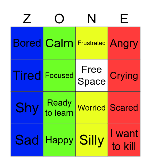 Zones of Regulation Bingo Card