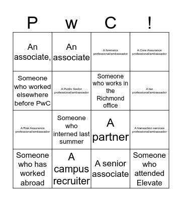 PwC Networking Bingo Card