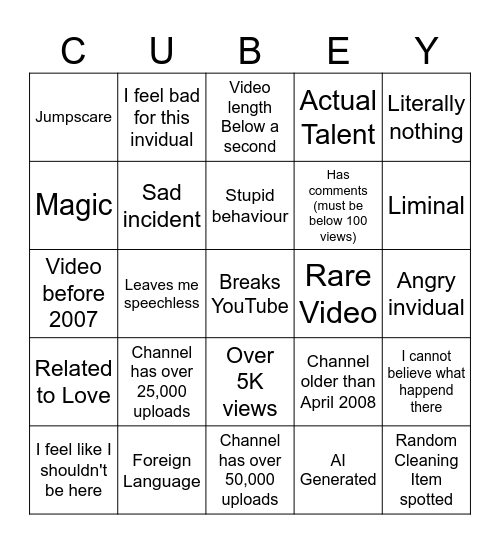 ~0 Views YouTube Bingo Card