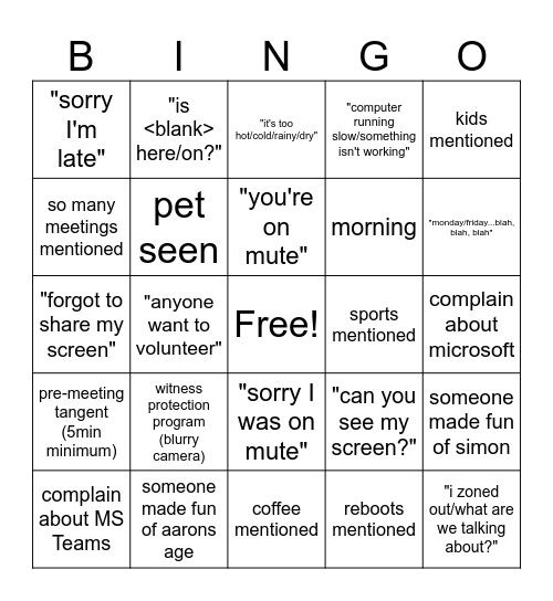 Standup Bingo Card