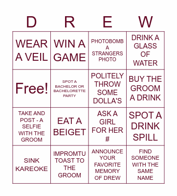 DREW'S BACHELOR BINGO Card