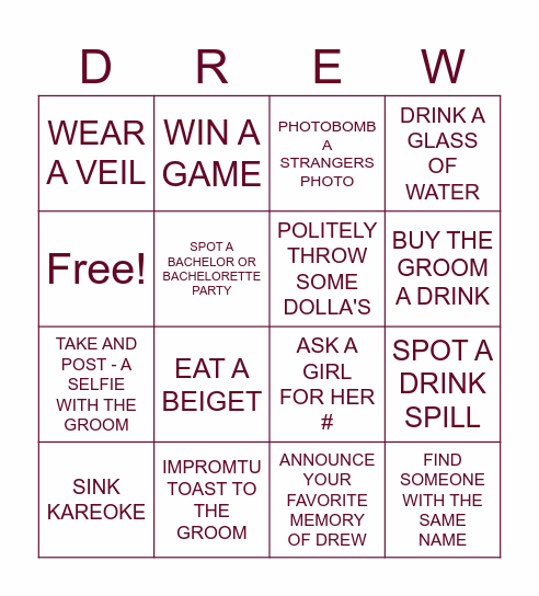 DREW'S BACHELOR BINGO Card