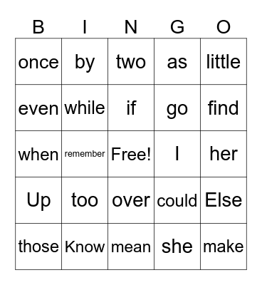 Sight words Bingo Card