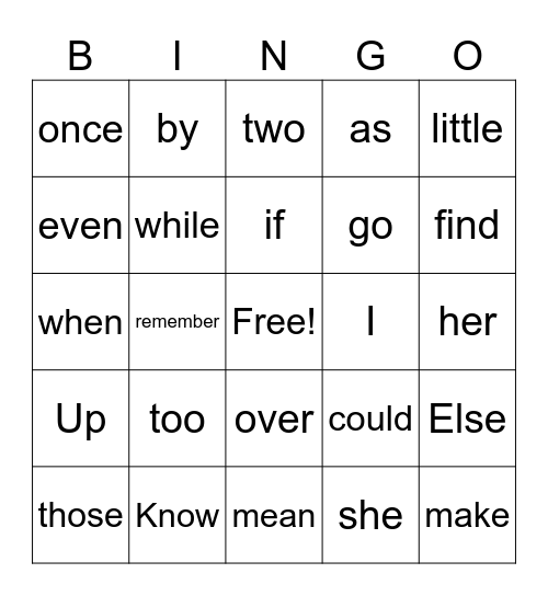 Sight words Bingo Card