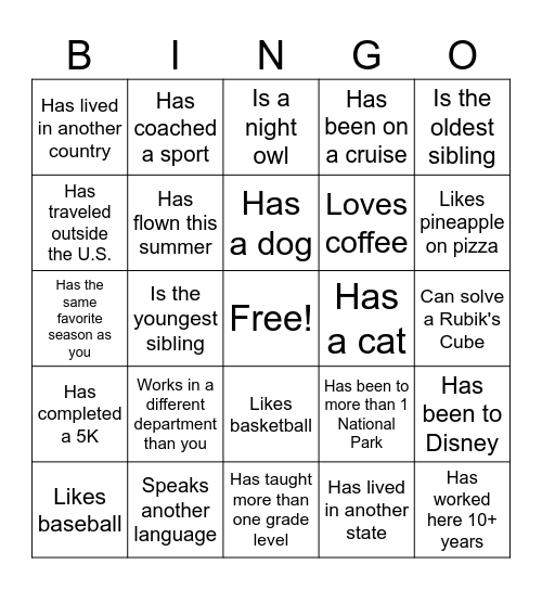 NDS Staff Bingo Card
