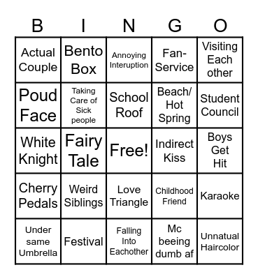 Romance Anime Bingo Card