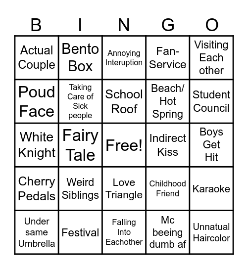 Romance Anime Bingo Card