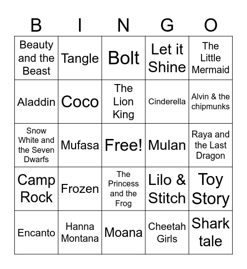 Disney Movie Bingo Card