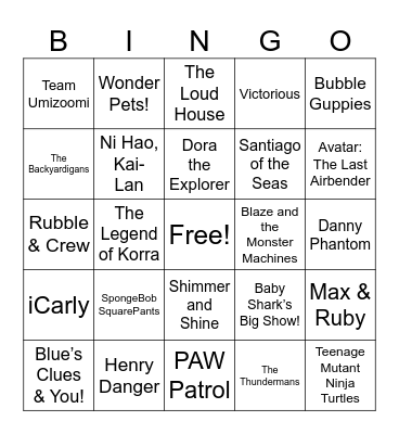 Nickelodeon show Bingo Card