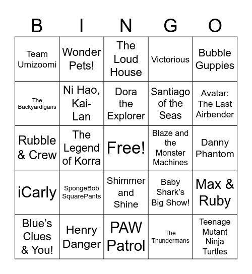 Nickelodeon show Bingo Card