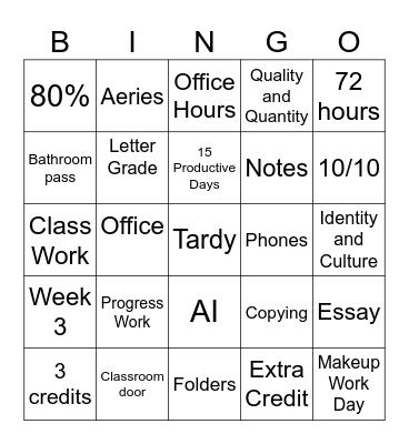 Syllabus Bingo Card