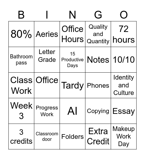 Syllabus Bingo Card