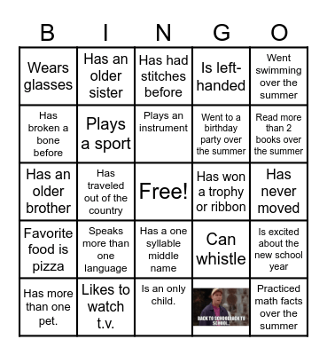Back to School Bingo Card