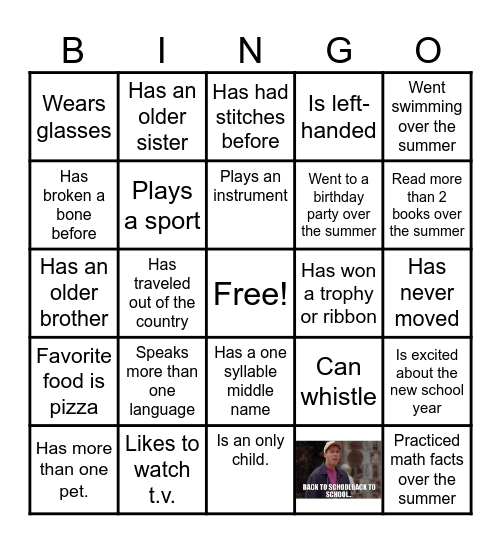 Back to School Bingo Card