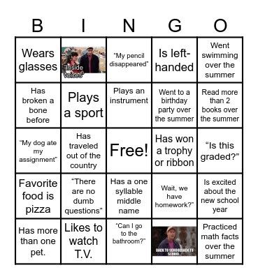 Back to School Bingo Card