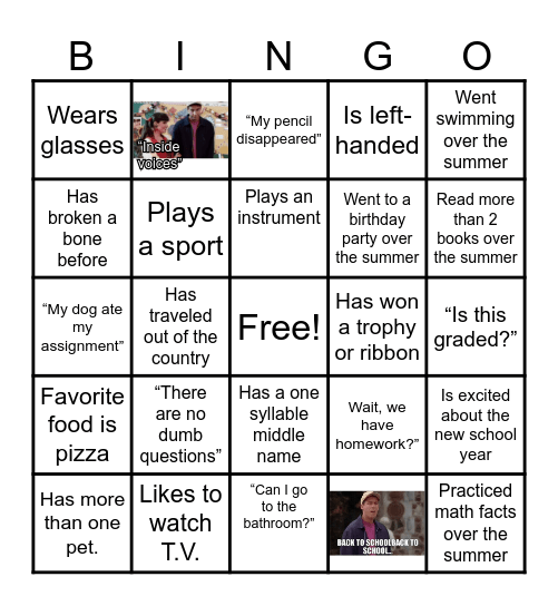 Back to School Bingo Card