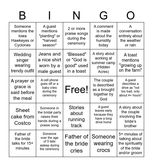 B & P Wedding Bingo Card