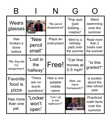 Back to School Bingo Card