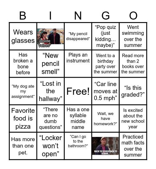 Back to School Bingo Card