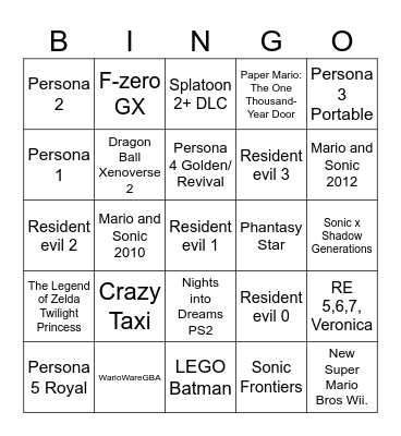 Games to be played Bingo Card